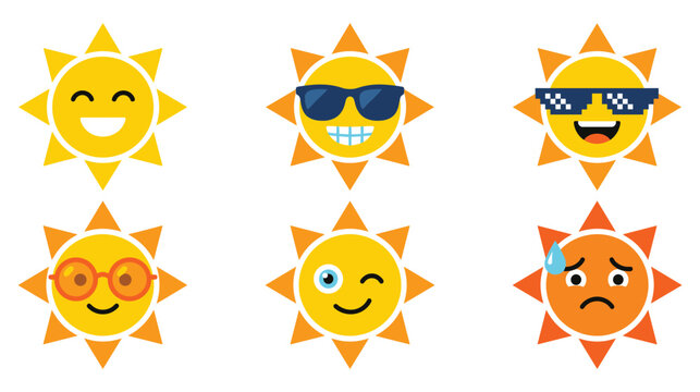 Set of cute sun characters with various facial expressions.