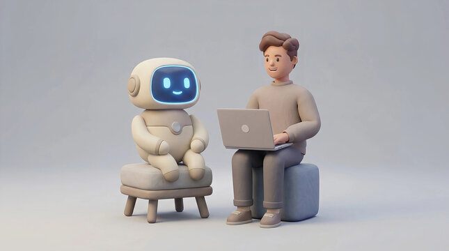 3D friendly robot and man using laptop together, concept of artificial intelligence assistant
