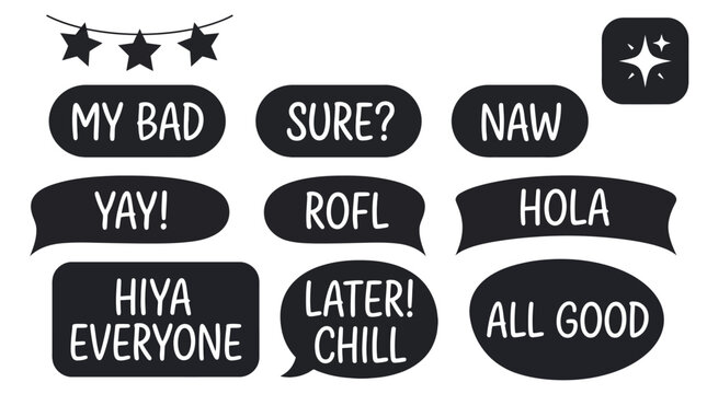 A collection of speech bubbles with funny and casual phrases for social media posts