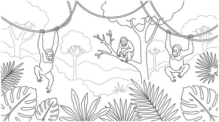 Family of orangutans playing in jungle for color book. © NAZMA