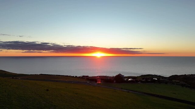 Sellicks Hill, South Australia &ndash; 4K Aerial Drone Footage of Nan Hai Pu Tuo Temple, Buddhist Pagoda, Ocean Sunset, Coastal Hills and Spiritual Landmark