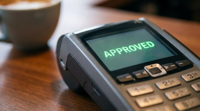 Payment terminal screen displays approved transaction with coffee cup in background