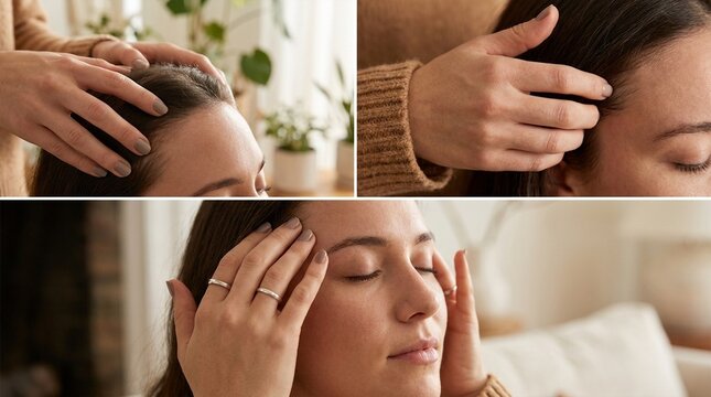 Woman receiving relaxing scalp massage with hands gently touching her forehead and temples