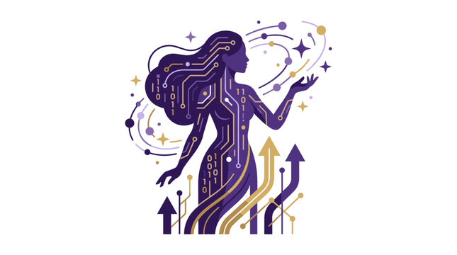 Digital Woman Silhouette Futuristic Technology Circuit Board Binary Code Abstract Art