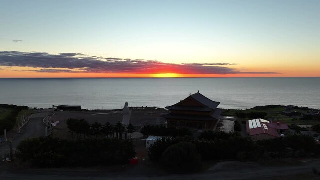 Nan Hai Pu Tuo Temple, Sellicks Hill, South Australia &ndash; 4K Aerial Drone Footage of Buddhist Temple, Ocean Sunset, Coastal Hills and Spiritual Landmark