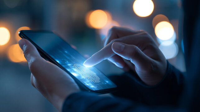 Faceless person using smartphone for fingerprint authentication in dark setting at night, biometric login, mobile security, authentication technology, with copy space
