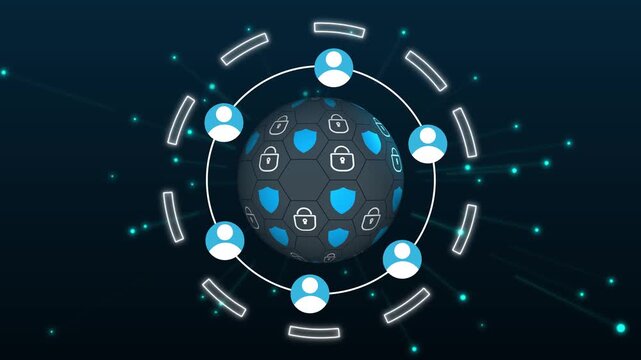 Global network security with user icons on dark background. Corporate global network security for business safety. High tech global network security data display.