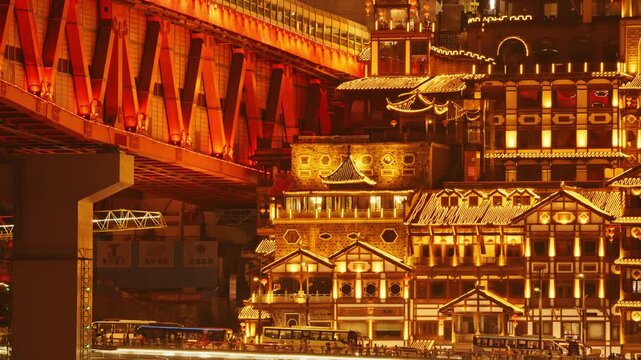 Chongqing cyberpunk city skyline with river and hongyadong night time