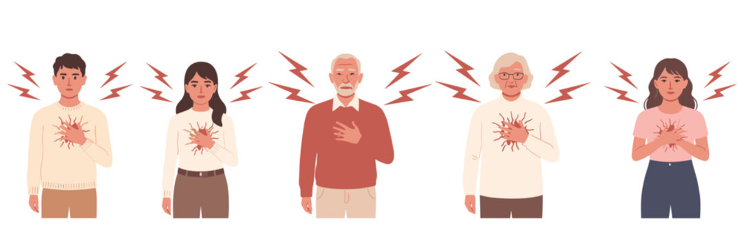 Five people of different ages experiencing chest pain with red lightning symbols