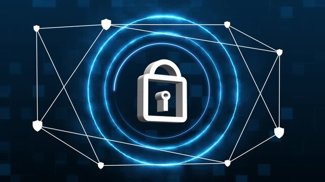 3D padlock icon within network of shields on digital background. Secure 3D padlock icon within network of shields for data backup. Tech 3D padlock icon within network of shields.