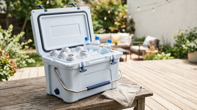 Insulated cooler with water bottles on wooden table in garden  
