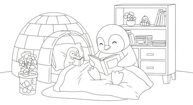 Cute cartoon penguins reading books in an igloo and cozy room, black and white line art illustration for coloring