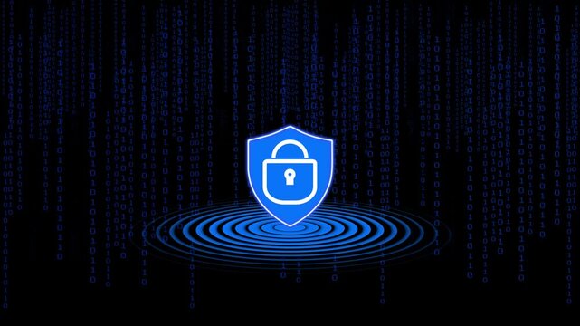 Blue shield with lock icon on falling binary code. Safe blue shield with lock icon for anti virus defense. Tech blue shield with lock icon background.