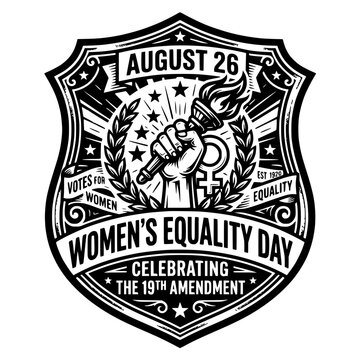 Women's Equality Day August 26th Emblem with Torch and Female Symbol