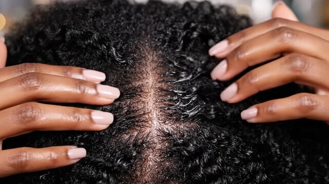 Hands massaging dark curly hair with moisturizing product. Focus on scalp health and hair care routine. Useful for beauty and self care content.