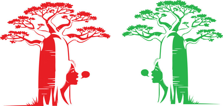 Red & Green Silhouette Art of Human-Tree Hybrids in Nature