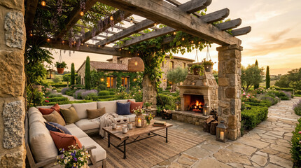 Obraz premium Outdoor lounge area under a wooden pergola with a stone fireplace. Luxury villa backyard featuring a sectional sofa, flagstone patio, and lush landscaping at sunset. Real estate exterior