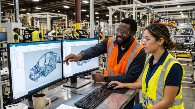 Diverse engineers collaborating on a car chassis design in a factory. Man and woman working together on a 3D automotive model using computer software. Teamwork and innovation in manufacturing
