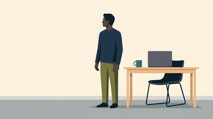 Fototapeta premium Lone Man Contemplating Future: A Black man stands pensively beside a simple desk with a laptop, mug, and chair, looking off into the distance, contemplating the path ahead in a minimalist setting.