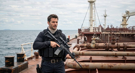 Fototapeta premium Armed soldier in tactical gear holding a rifle on a ship deck at sea. Maritime security guard on an anti-piracy mission on tanker