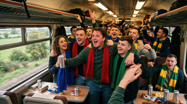 Group of excited soccer fans celebrating on a train. Friends wearing scarves cheering for their team during a journey. Travel and sports culture concept