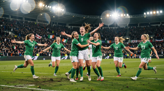Female soccer team in green uniforms celebrating a goal on the pitch. Women football players hugging and cheering in a crowded stadium at night. Teamwork and sports success concept