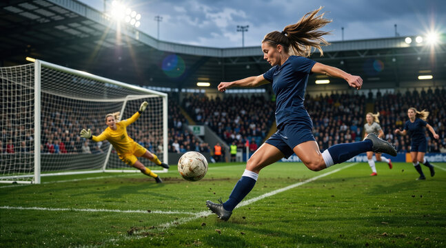 Female soccer player kicking ball towards goal in stadium. Professional athlete scoring a goal during a woman football match. Sports competition concept
