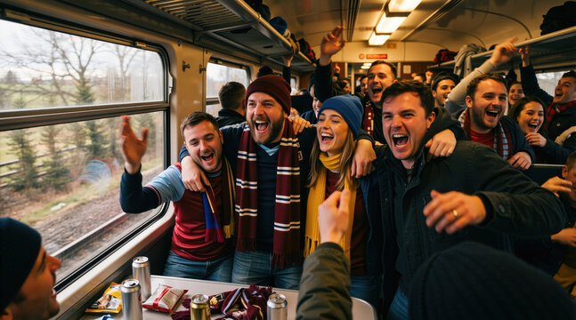 Group of excited sports fans celebrating on a train. Enthusiastic soccer supporters wearing scarves cheering during a journey, football concept