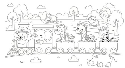 Naklejka premium Cute cartoon animals on a train, line art coloring page for kids, safari adventure with lion, elephant, giraffe, zebra, rhino