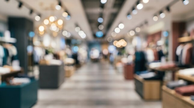 Blurred clothing store interior boutique retail shop fashion background bokeh light mall department store commercial space