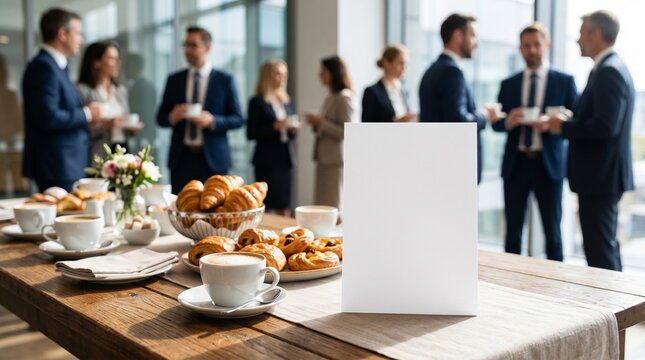Blank white table tent card mockup on a catering table with coffee and pastries. Blurred background of business professionals networking during a corporate event coffee break