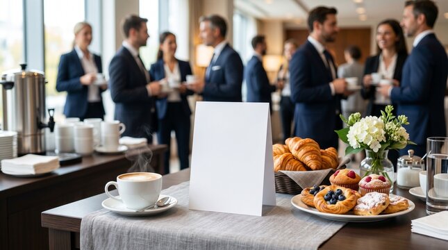 Maquette de chevalet de table blanc sur un buffet avec caf&eacute; et viennoiseries. Arri&egrave;re-plan flou de professionnels faisant du r&eacute;seautage lors d'une pause caf&eacute; d'entreprise.