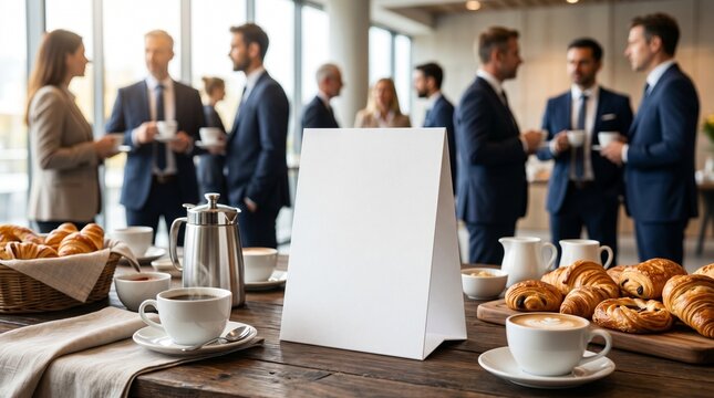 Blank white table tent card mockup on a wooden breakfast table with coffee and pastries. Blurred background of business people networking at a corporate event or conference coffe.e break.