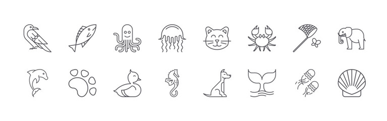 Modern set of 16 thin outline Animals icons. Vector signs such as crow, dolphin, fish, pawprint, octopus isolated on white © Benjamin