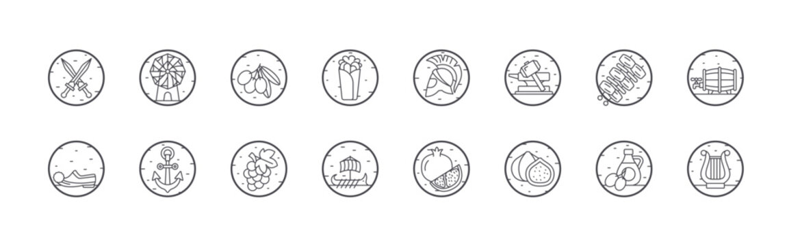 Modern set of 16 thin outline Greece Culture icons. Vector signs such as sword, footwear, windmill, anchor, olives isolated on white
