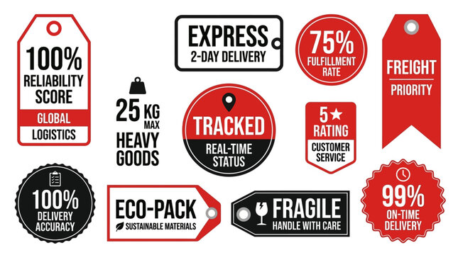 Set of professional shipping and logistics service badges for delivery tracking and reliability labels in bold red and black vector design