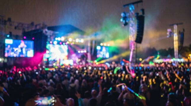 Blurred concert crowd audience night music festival stage lights outdoor party celebration event lifestyle background