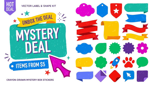 Collection of colorful hand-drawn crayon stickers and marketing labels including ribbons and icons for retail sales and digital promotion banners