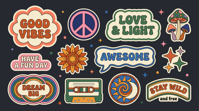 Retro Groovy Sticker Set with Positive Motivational Quotes and Hippie Psychedelic Elements for Vintage Aesthetic Design