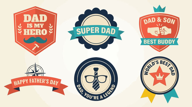 Charming set of six vintage-style badges and emblems, ideal for celebrating Father's Day and expressing appreciation for dads with retro designs and heartfelt messages