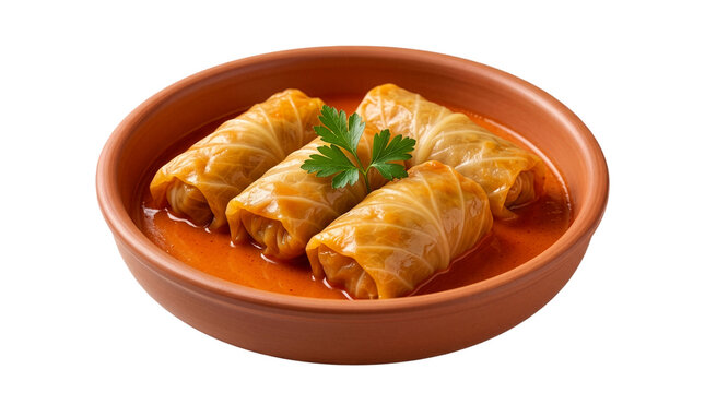 Traditional Balkan sarma, stuffed cabbage rolls in a clay bowl, top view isolated transparent background PNG