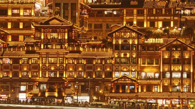 Chongqing cyberpunk city skyline with river and hongyadong night time