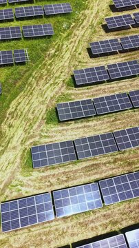 Rows of solar panels cover a grassy area, capturing sunlight during the day. The panels are neatly positioned, showing a renewable energy setup in a rural location.