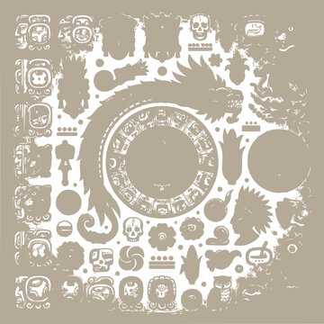 Ancient Maya Civilization Elements: Dragon, Calendar, Symbols, Skulls, Corn, Icons