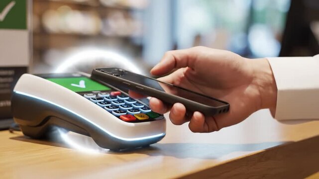 A customer uses a smartphone for contactless payment on a POS terminal in a store. Modern technology simplifies retail transactions. Ideal for financial and technology marketing materials.