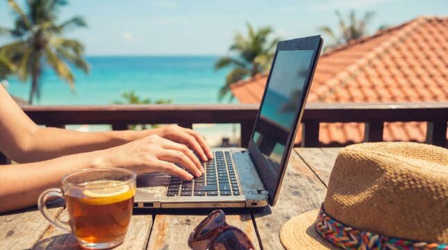 Digital nomad woman working remotely on laptop at tropical beach resort balcony with tea and hat, freelance lifestyle concept
