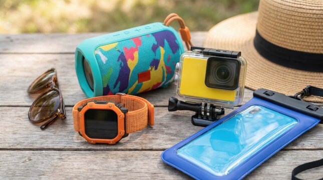 Summer Vacation Travel Gear Essentials Including Action Camera Waterproof Phone Pouch and Bluetooth Speaker on Wooden Table