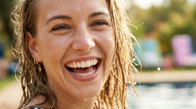 Close up portrait of a happy young woman with wet hair laughing outdoors, summer vacation lifestyle concept, joyful female enjoying sunny day by the pool