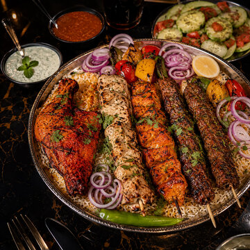 Luxury mixed grill meat platter with assorted kababs and chutneys