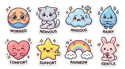Naklejka premium Cute Kawaii Geography Adventures Educational Sticker Sheet Featuring Travel Icons And Earth Illustrations.